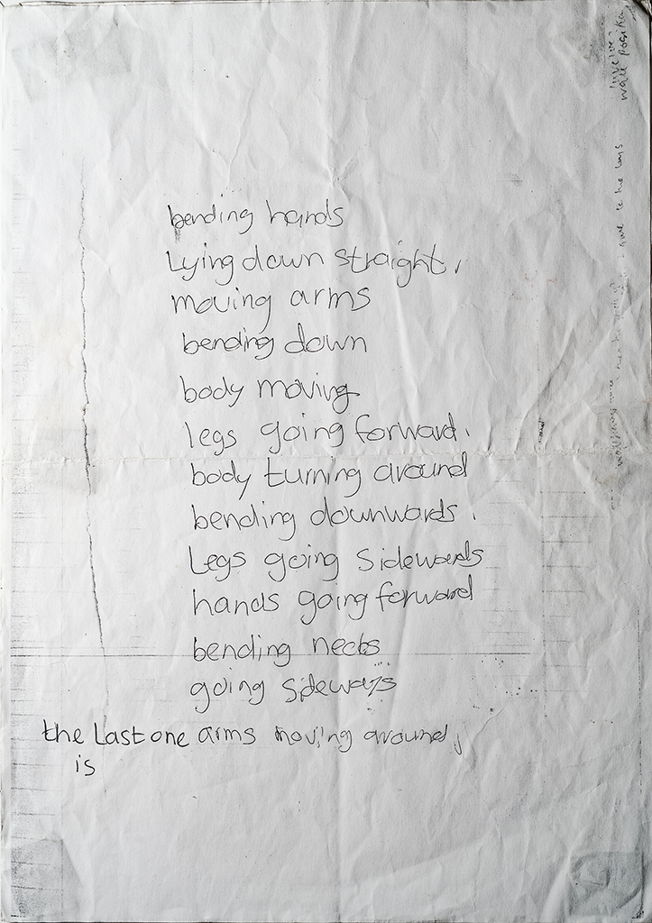 A list of words as stimuli to create movement i.e. arms moving around, lying down straight